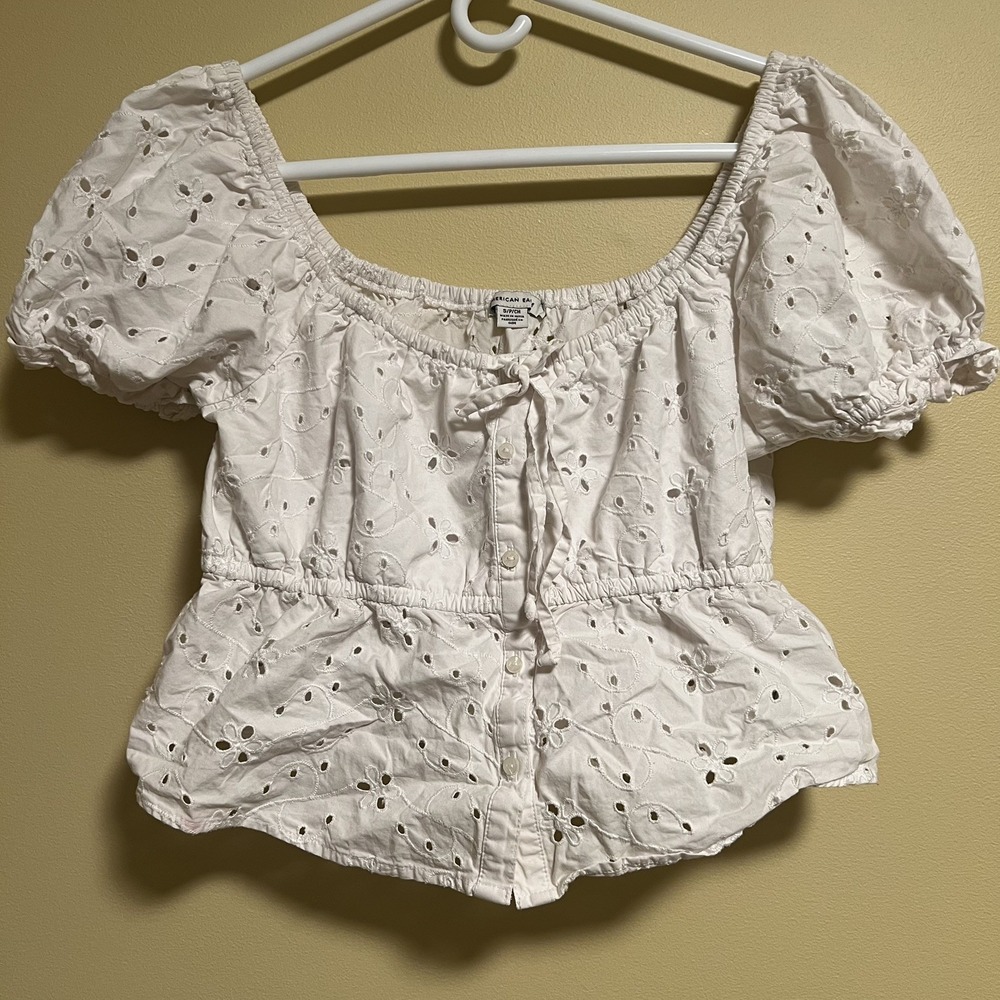 American Eagle Women's Blouse Small White Eyelet Puff Sleeve Milkmaid Cotton